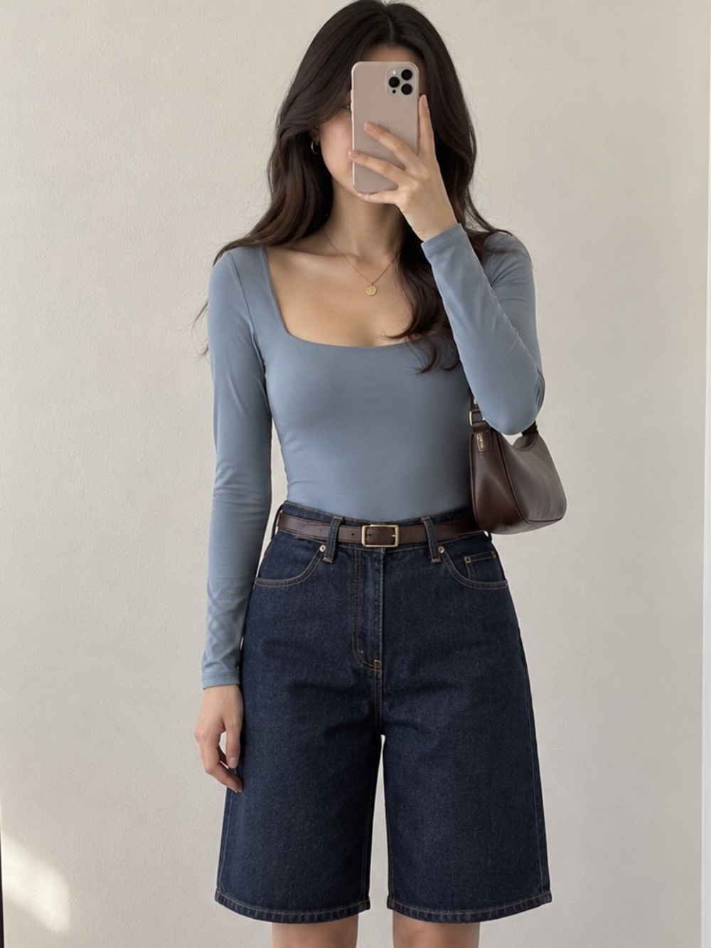 Slim Square Neck Long-Sleeve Bodysuit in Dusty Blue